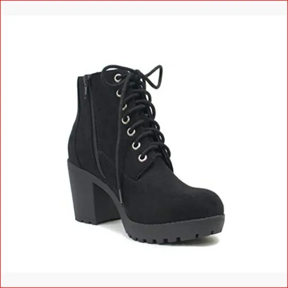 Lug Sole Chunky Heel Combat Ankle Bootie Lace Up with Side Zipper - Picture 3 of 6